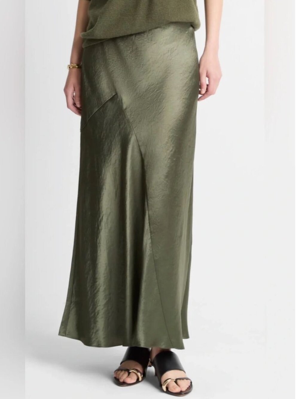 Vince Satin Bias Cut Panel Maxi Skirt Herba Olive Green XL NWT $448